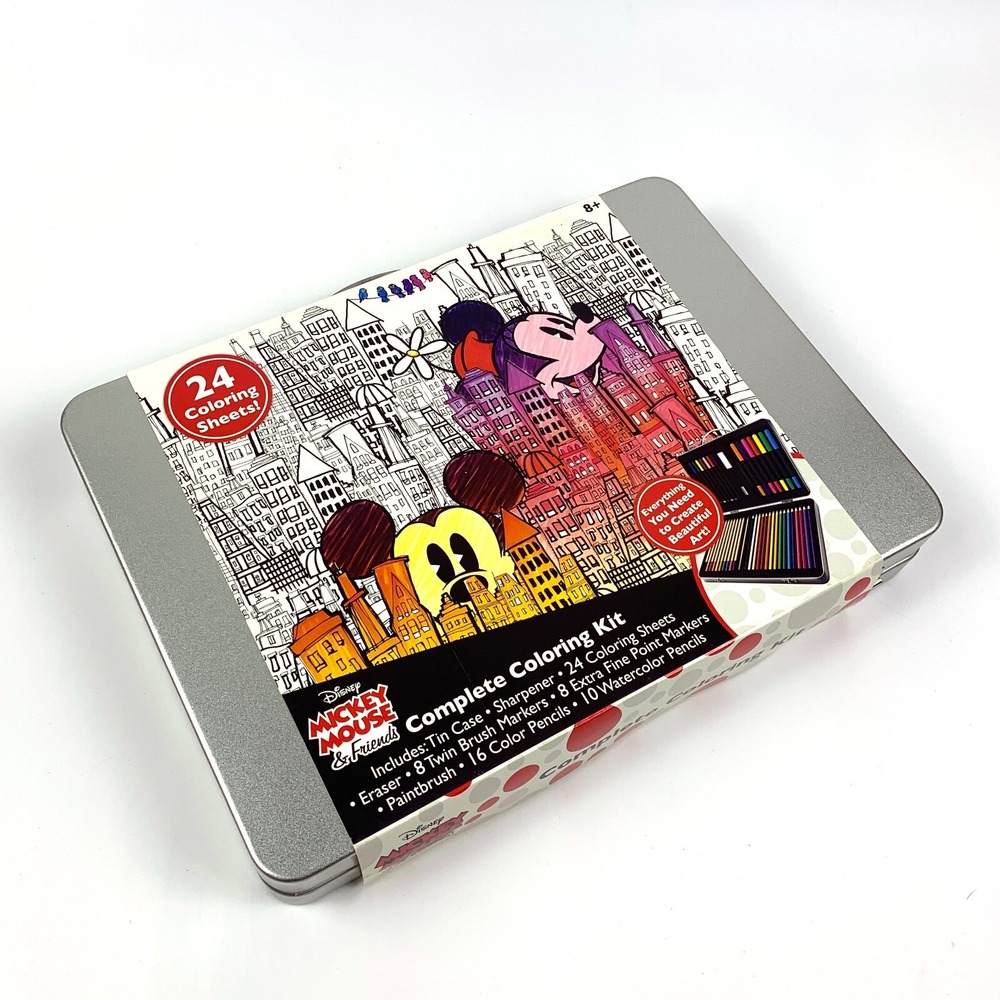 Disney Mickey Mouse &‎ Friends Complete Coloring Kit Tin Case 24 Coloring Sheets